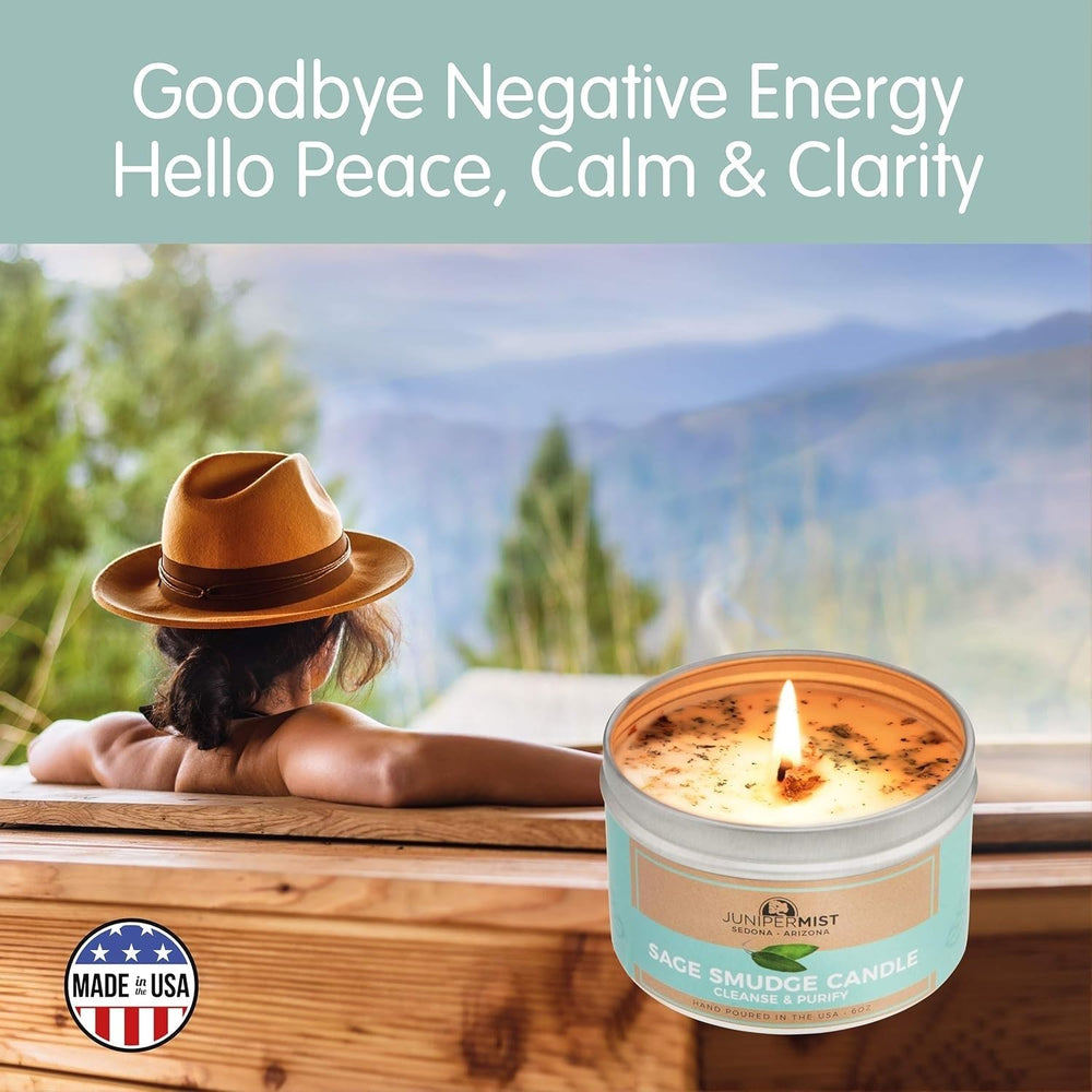 JUNIPERMIST Sage Smudge Candle white sage leaf close-up highlighting purity and energy.
