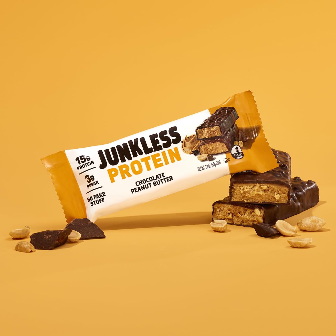 JUNKLESS Chocolate Peanut Butter Bar ingredients panel emphasizing gluten-free, clean recipe.