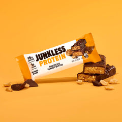 JUNKLESS Chocolate Peanut Butter Bar ingredients panel emphasizing gluten-free, clean recipe.