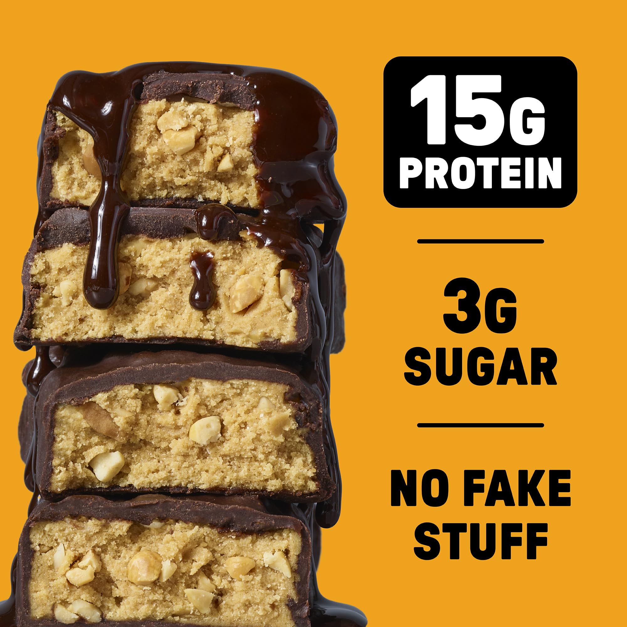 JUNKLESS Chocolate Peanut Butter Bar nutrition panel featuring 15g protein and 7g fiber.