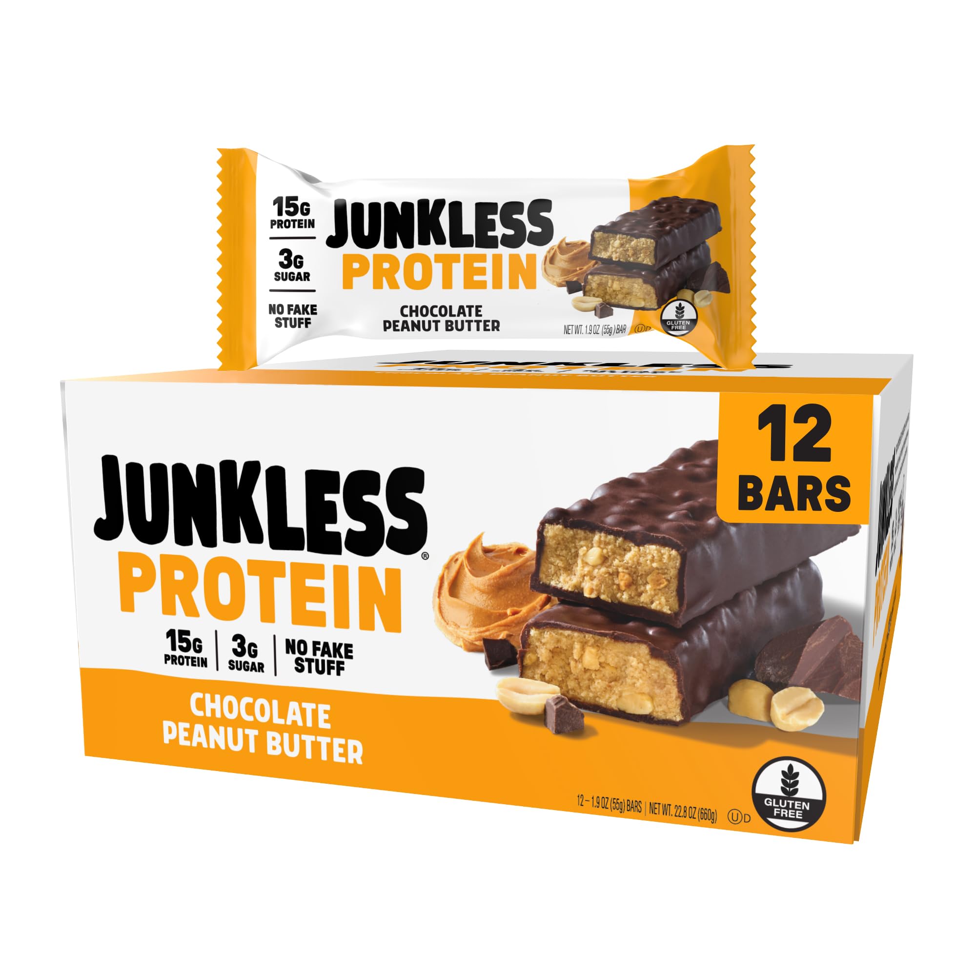 JUNKLESS Chocolate Peanut Butter Bar packaging shown for on-the-go energy and clean ingredients.