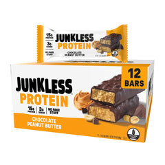 JUNKLESS Chocolate Peanut Butter Bar packaging shown for on-the-go energy and clean ingredients.