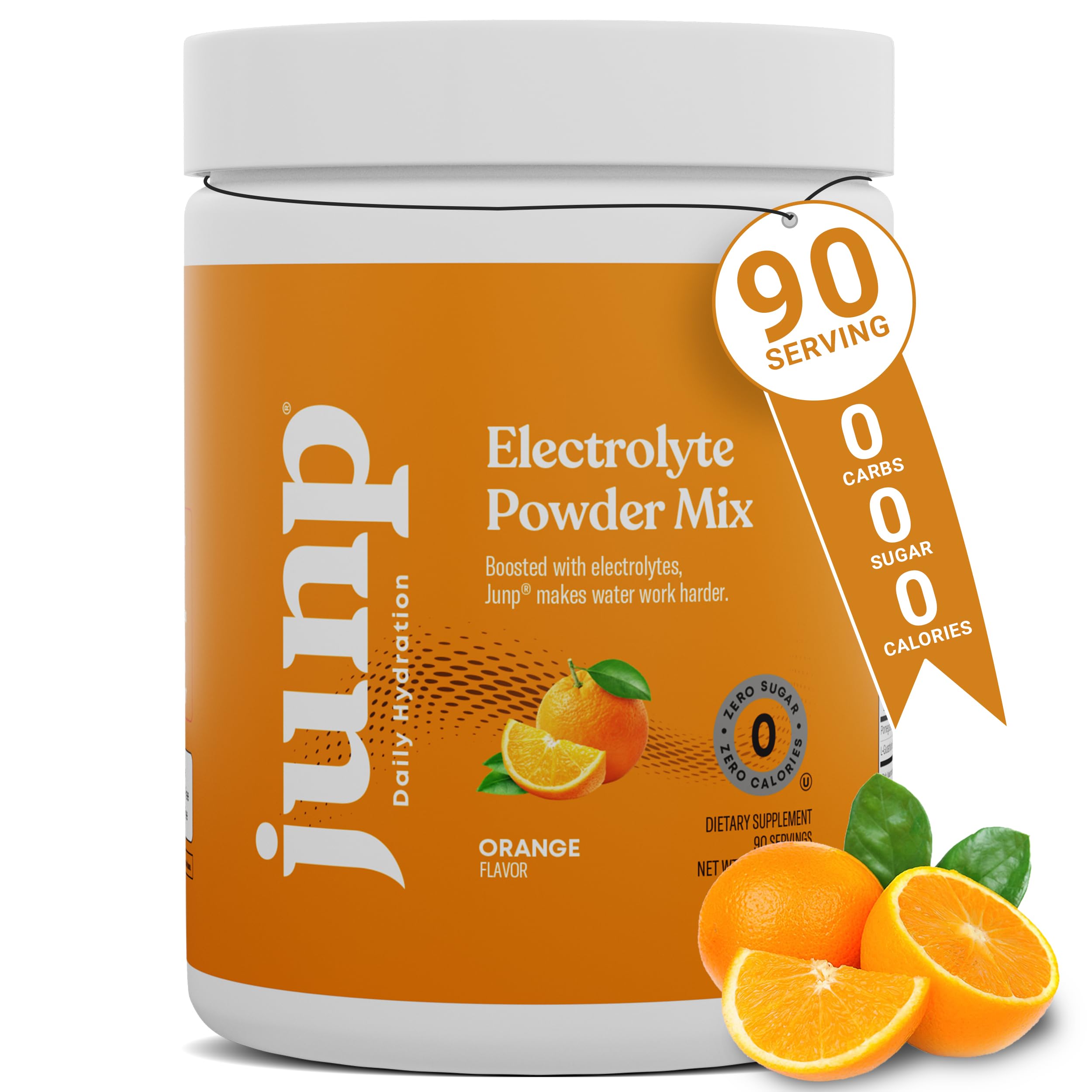 JUNP electrolyte powder orange tub for daily hydration on the go.