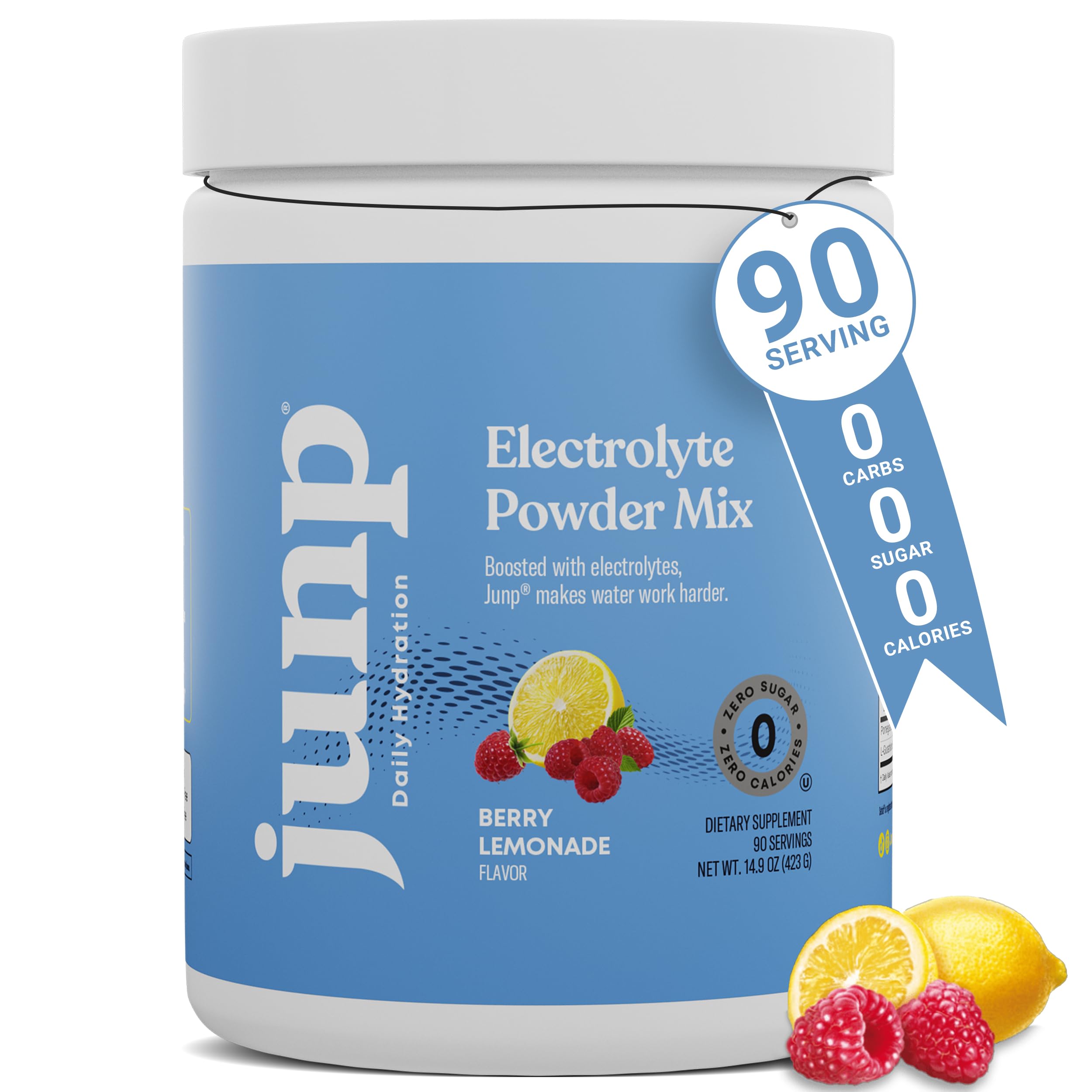 JUNP Berry Lemonade electrolytes powder tub for sugar-free hydration.