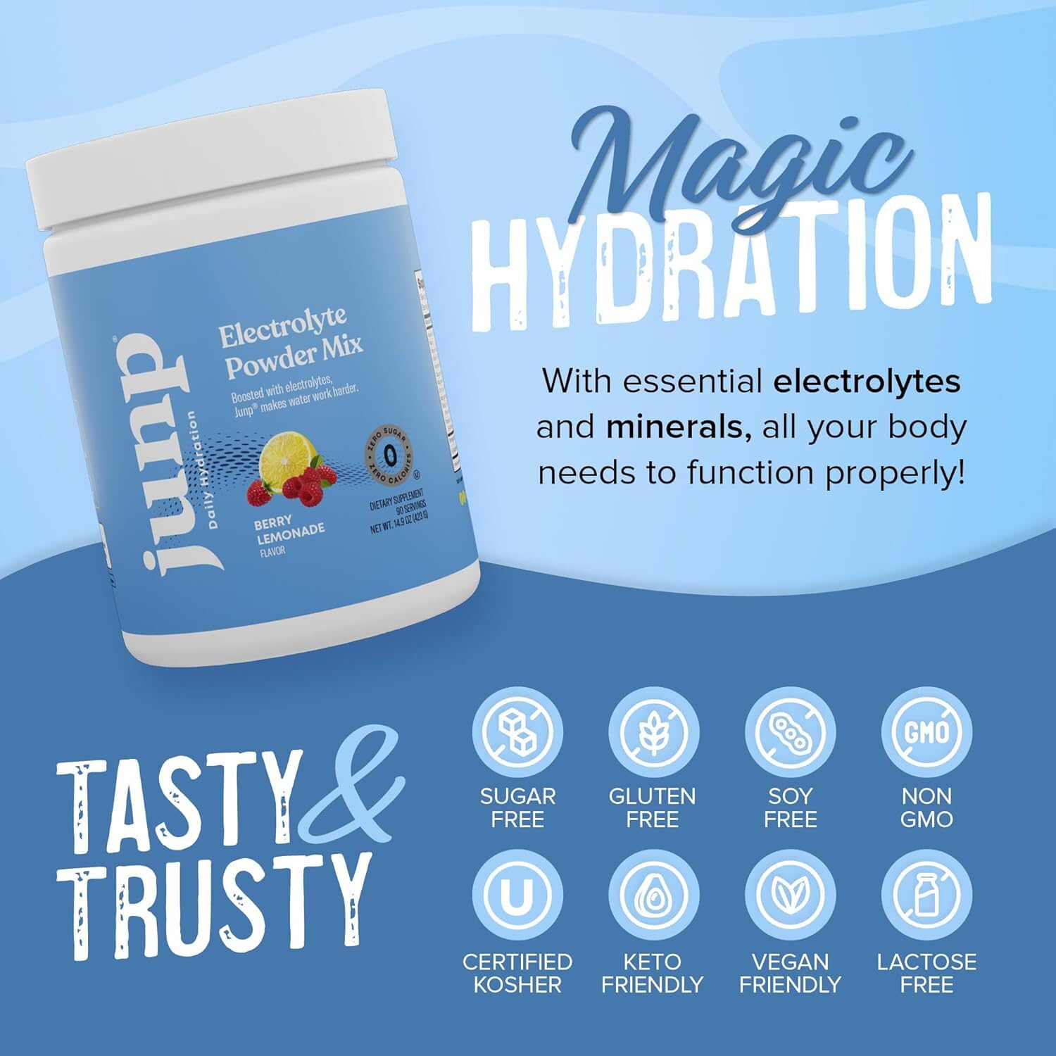 JUNP vegan-friendly electrolyte powder emphasizes plant-based hydration options.