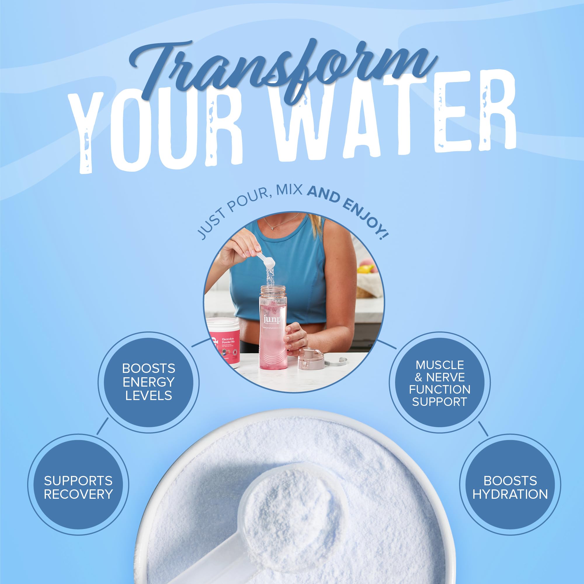 JUNP electrolytes zero-calorie label highlights sugar-free hydration option.