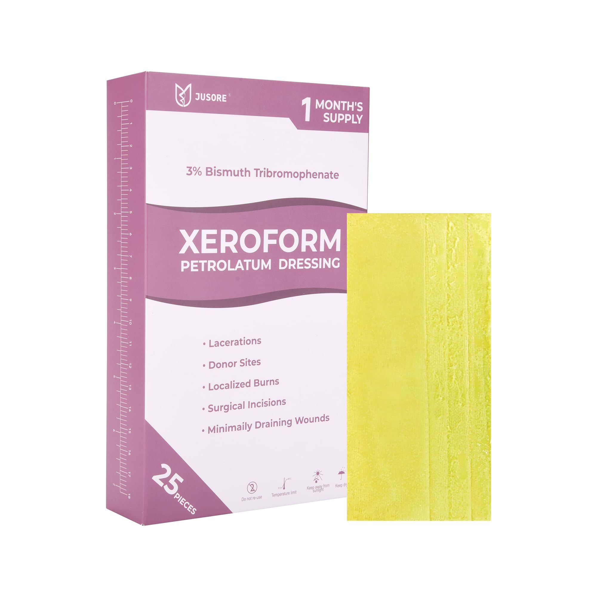 JUSORE Xeroform dressing in home first aid kit, ideal for on-the-go care.