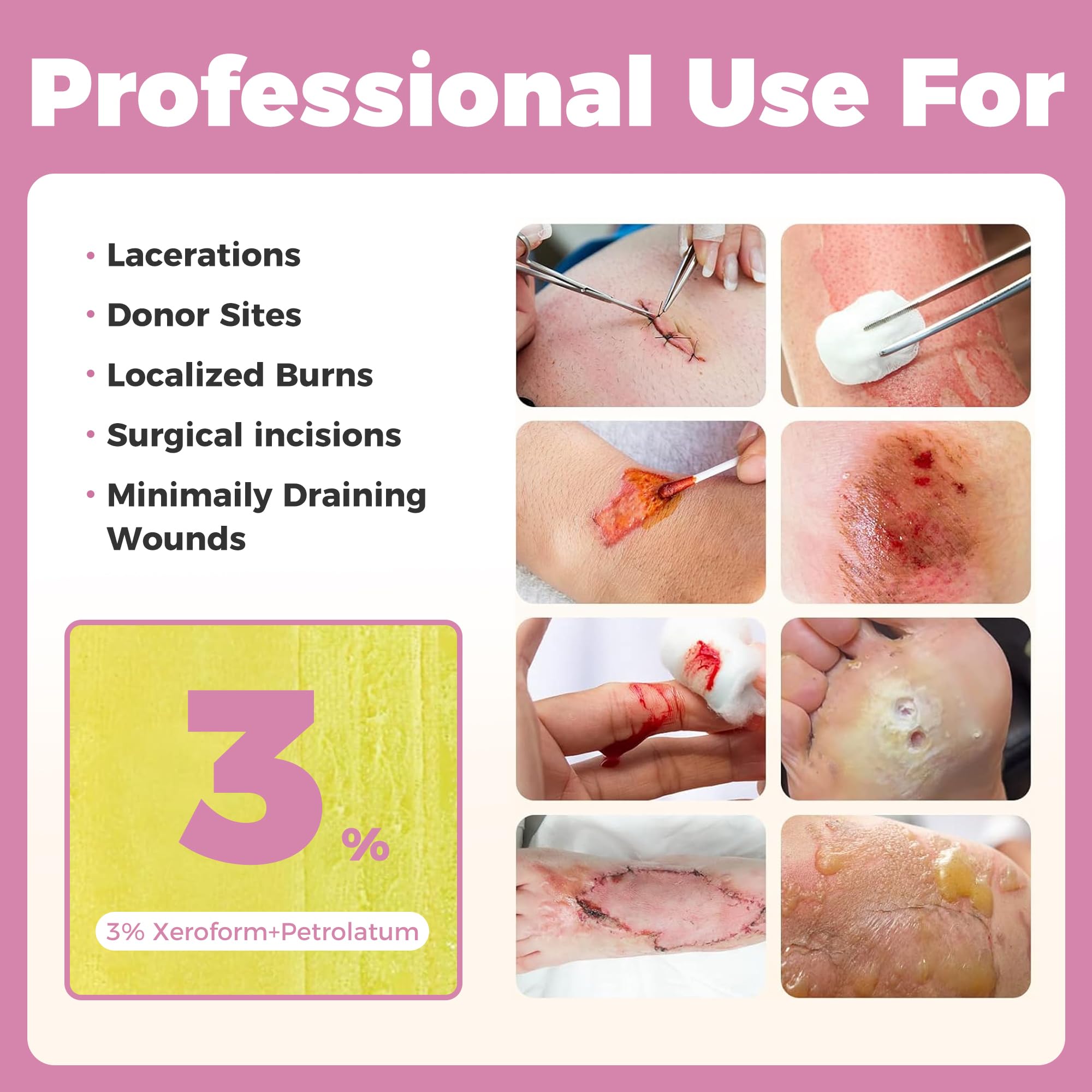 JUSORE Xeroform Petrolatum Dressing 4x4 gauze close-up shows soft mesh and antiseptic sheen for wound care.
