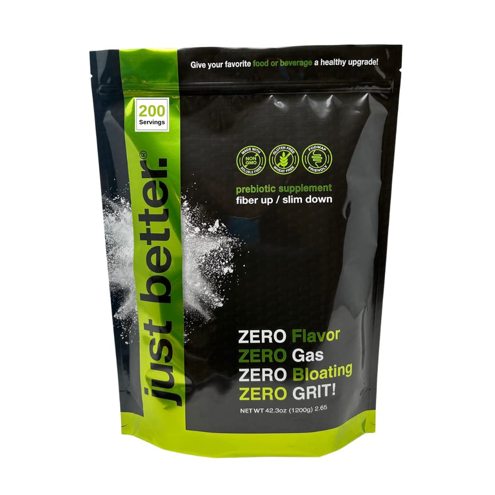 Just Better bottle pour: convenient prebiotic fiber powder ready to blend into beverages.