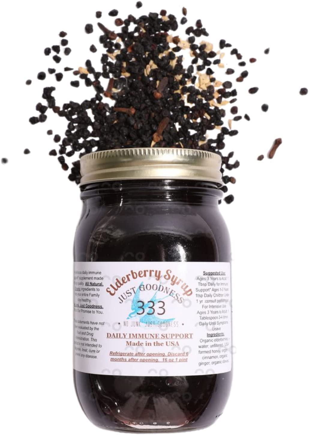 Just Goodness 333 elderberry syrup organic ingredients listing including elderberries, honey, spices