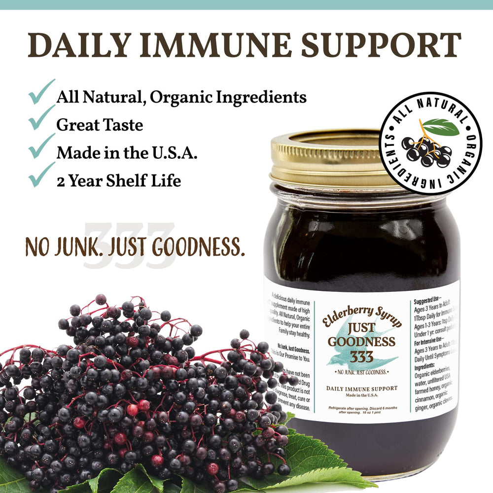 Just Goodness 333 elderberry syrup label close-up showing organic ingredients and USA-made quality