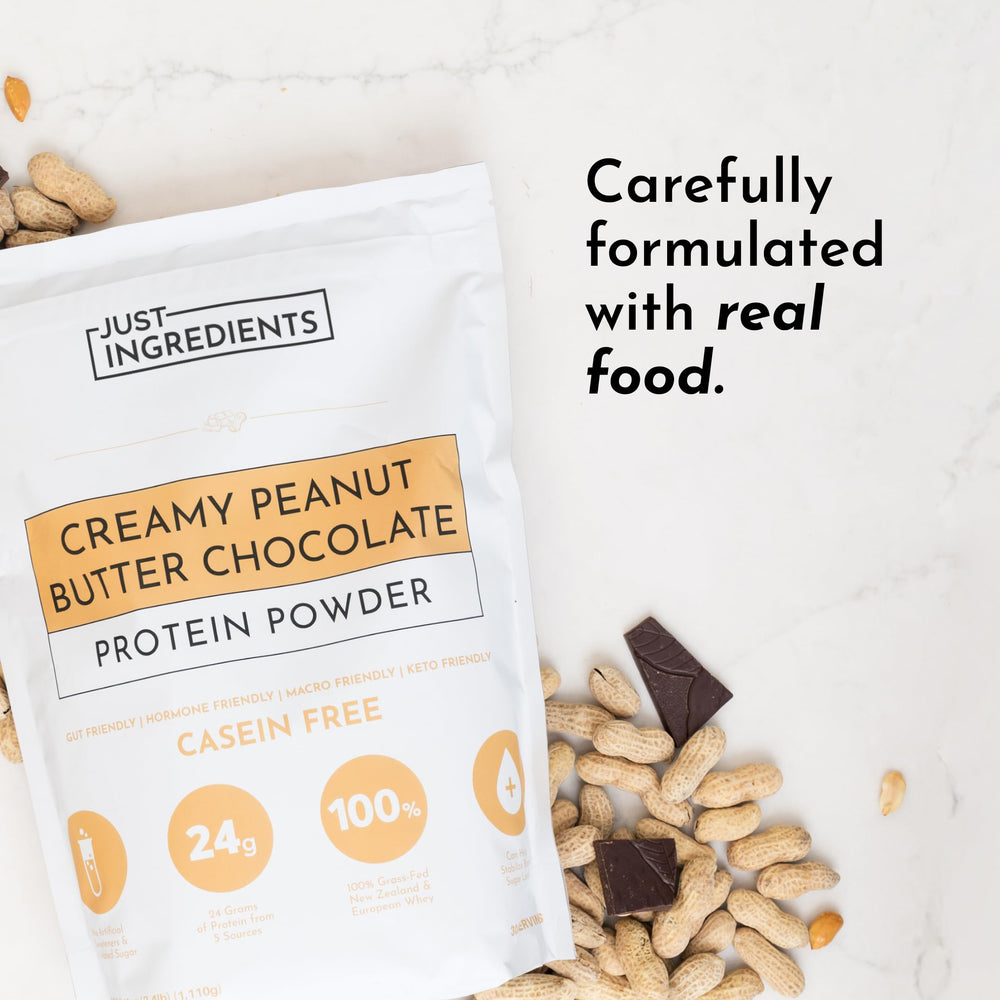 JUST INGREDIENTS 30-serving bag with scoop suggests convenient daily protein routine.