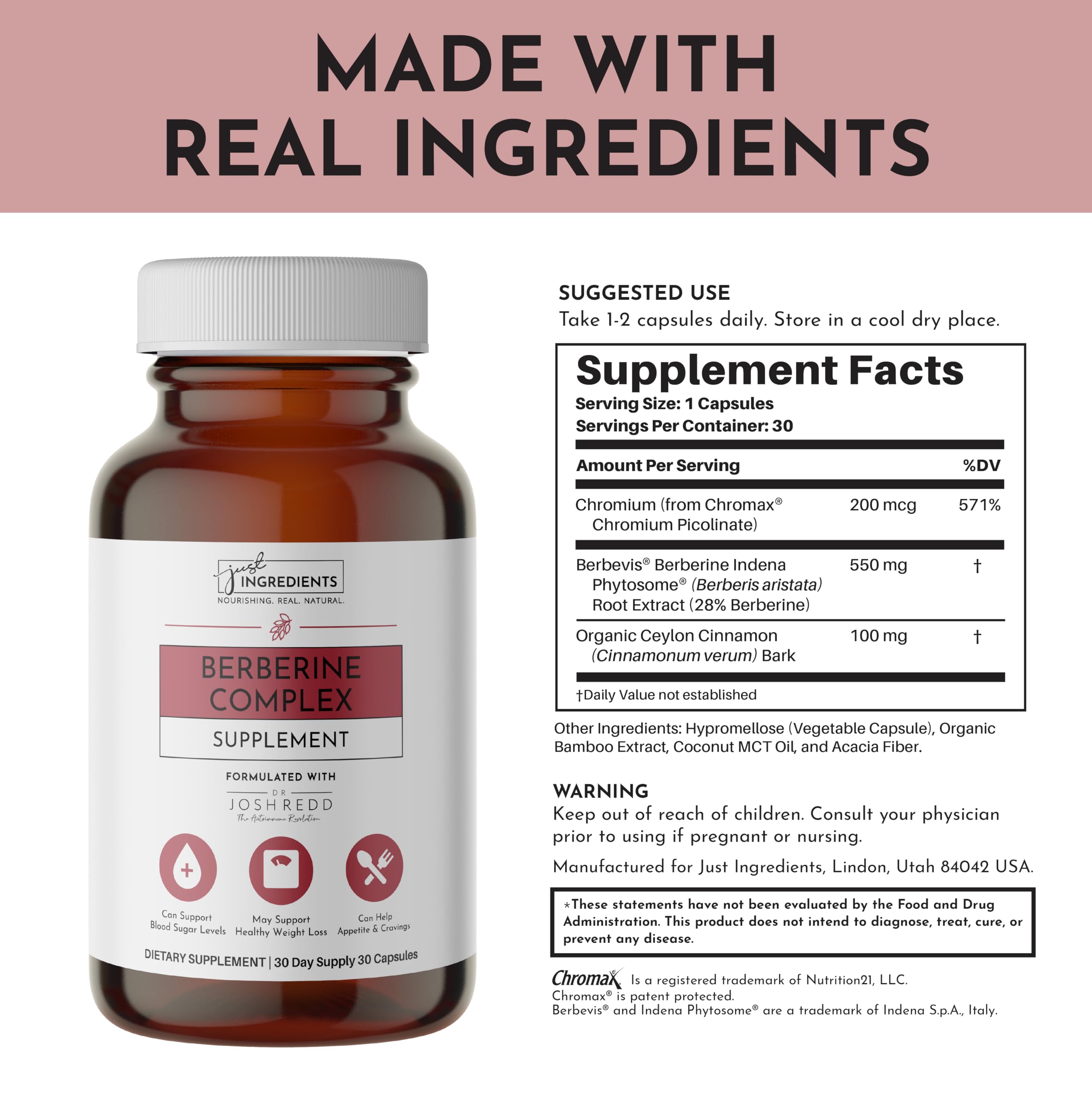 Just Ingredients Berberine Complex capsules close-up showing vegan formula.