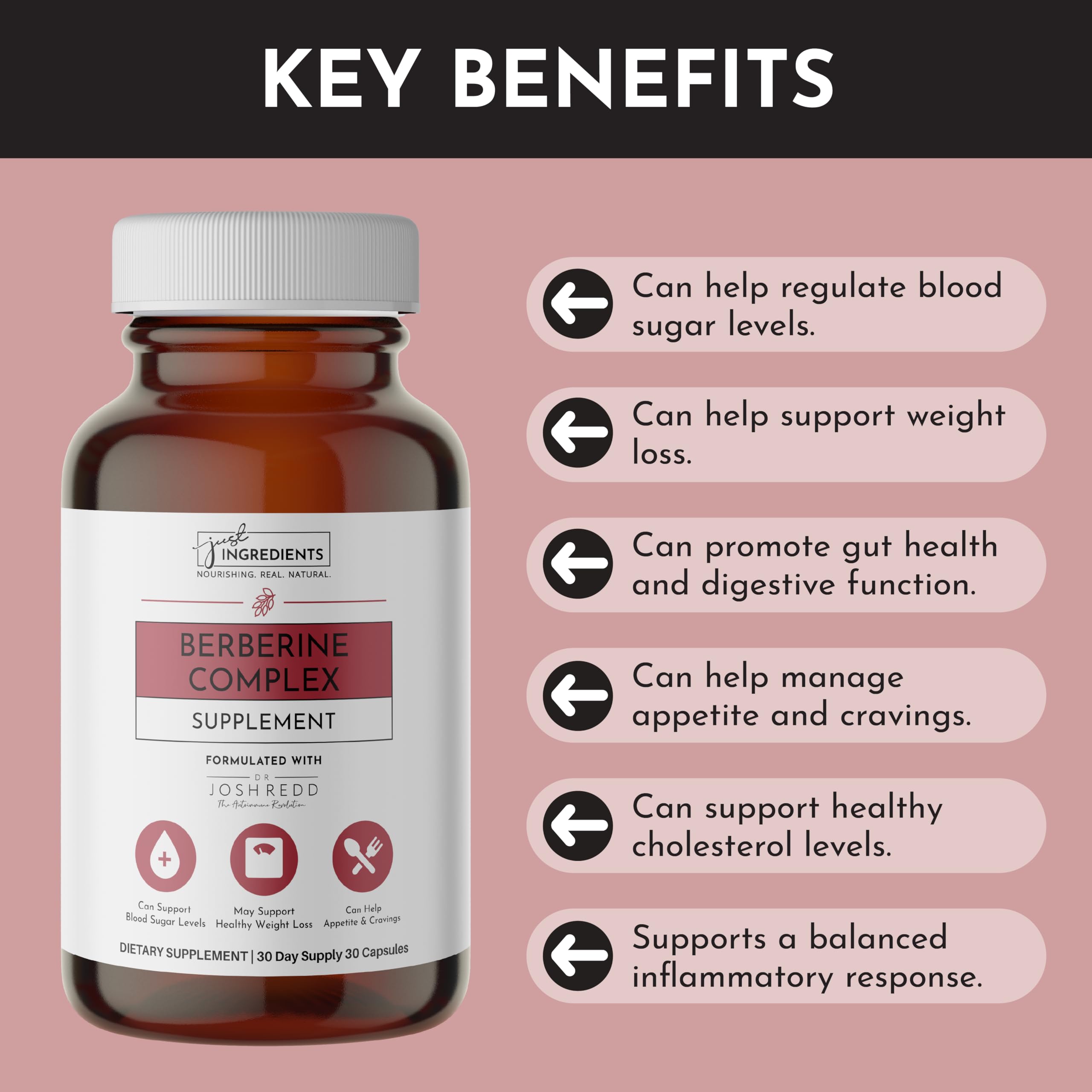 Just Ingredients Berberine Complex pre-meal dosage reminder.
