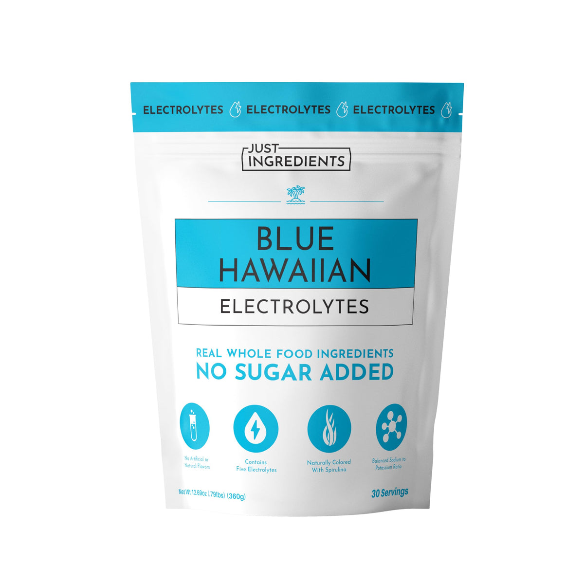 Just Ingredients Blue Hawaiian Electrolytes bottle pouring for hydration during workouts.