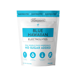 Just Ingredients Blue Hawaiian Electrolytes bottle pouring for hydration during workouts.