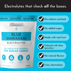 Just Ingredients Blue Hawaiian Electrolytes color from spirulina signaling natural tropical flavor.