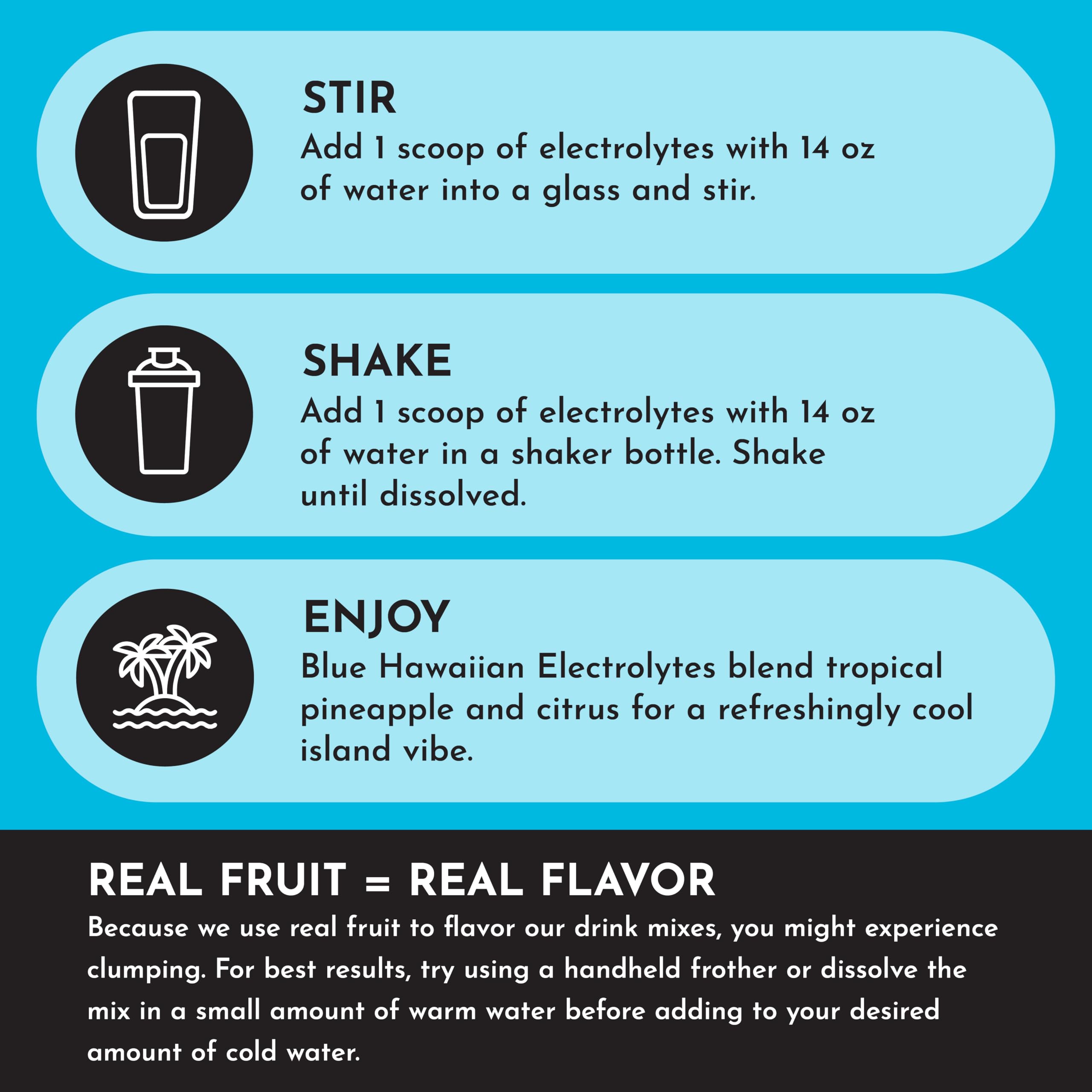 Just Ingredients Blue Hawaiian Electrolytes hero image with tropical color and clean label for trusted hydration.