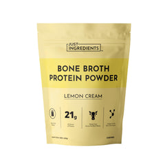 JUST INGREDIENTS Lemon Cream bone broth protein bottle pour highlights dairy-free nourishment.