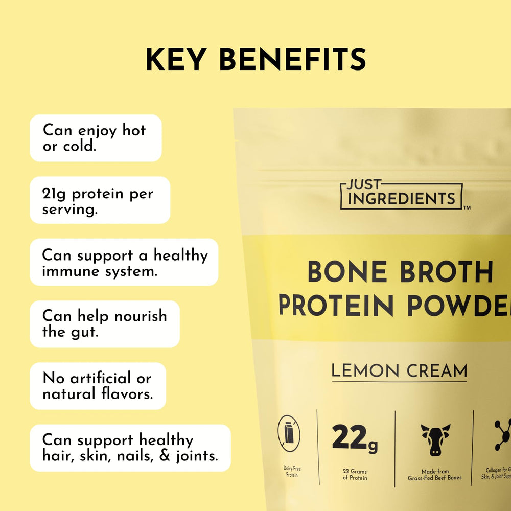 Dairy-free and gluten-free label shown with JUST INGREDIENTS bone broth protein for sensitive stomachs.