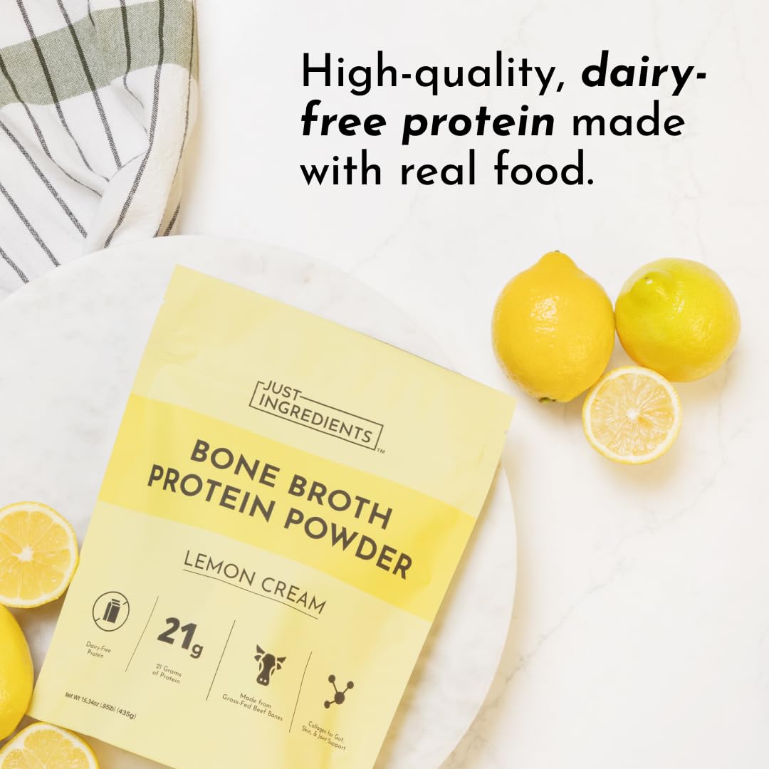 Real ingredients visible in JUST INGREDIENTS Lemon Cream bone broth protein blend.