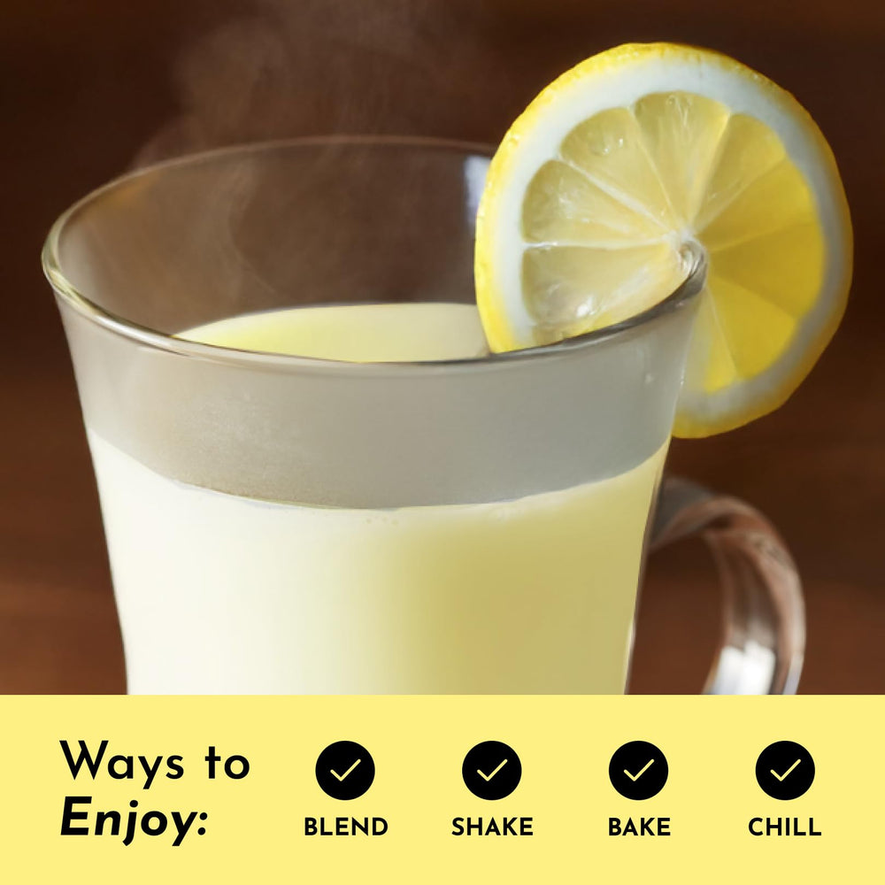 Cold or hot serving of JUST INGREDIENTS bone broth protein lemon cream boosts daily protein.