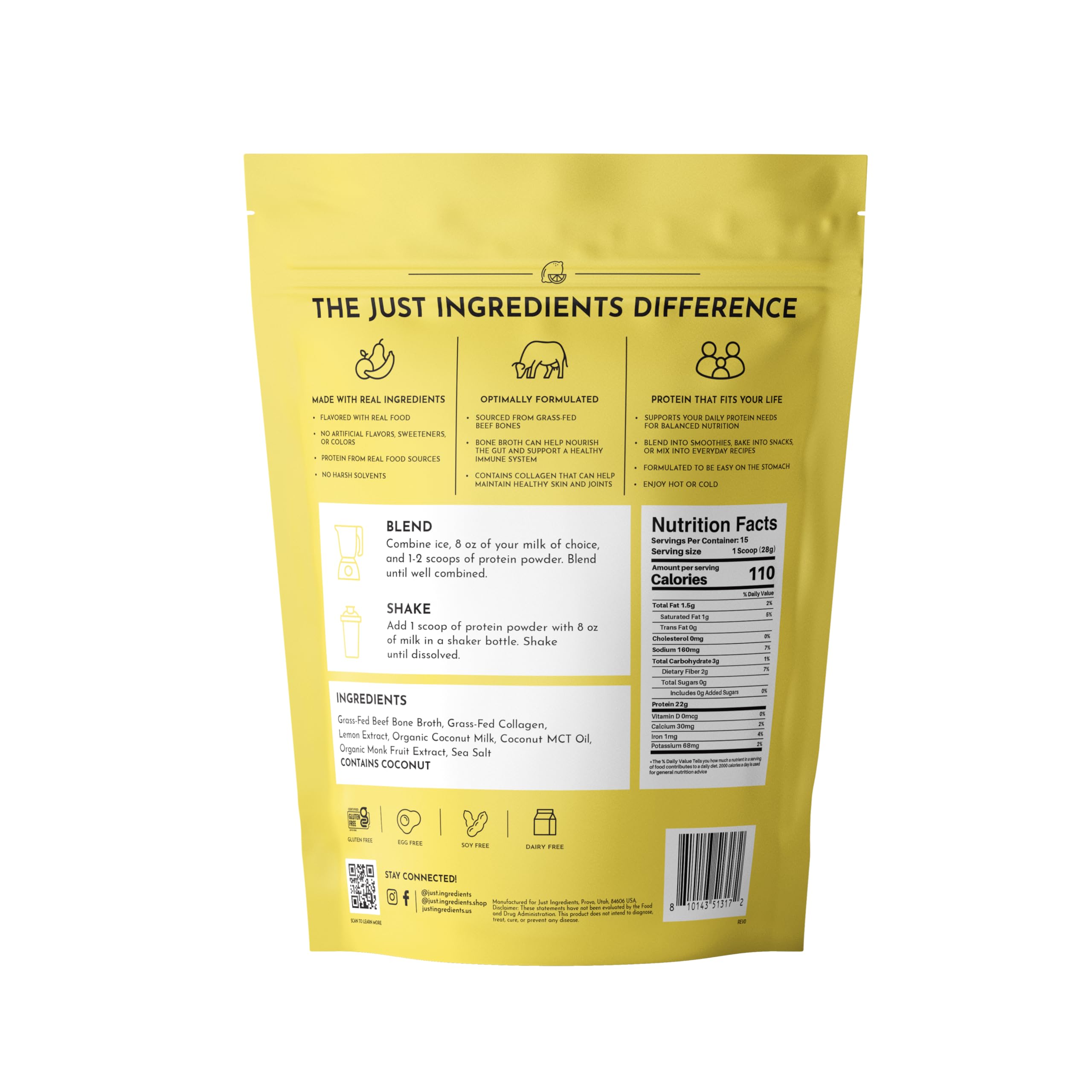 Scoop of JUST INGREDIENTS Lemon Cream bone broth protein delivers 21g protein per serving for recovery.