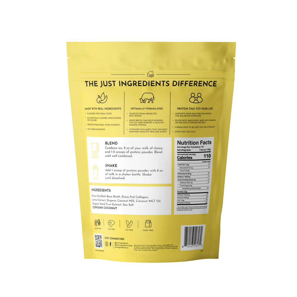 Scoop of JUST INGREDIENTS Lemon Cream bone broth protein delivers 21g protein per serving for recovery.
