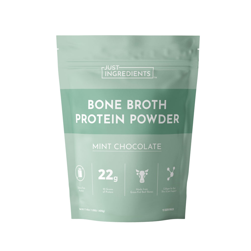 Just Ingredients Bone Broth Protein Mint Chocolate bottle highlights real-food protein for daily nourishment