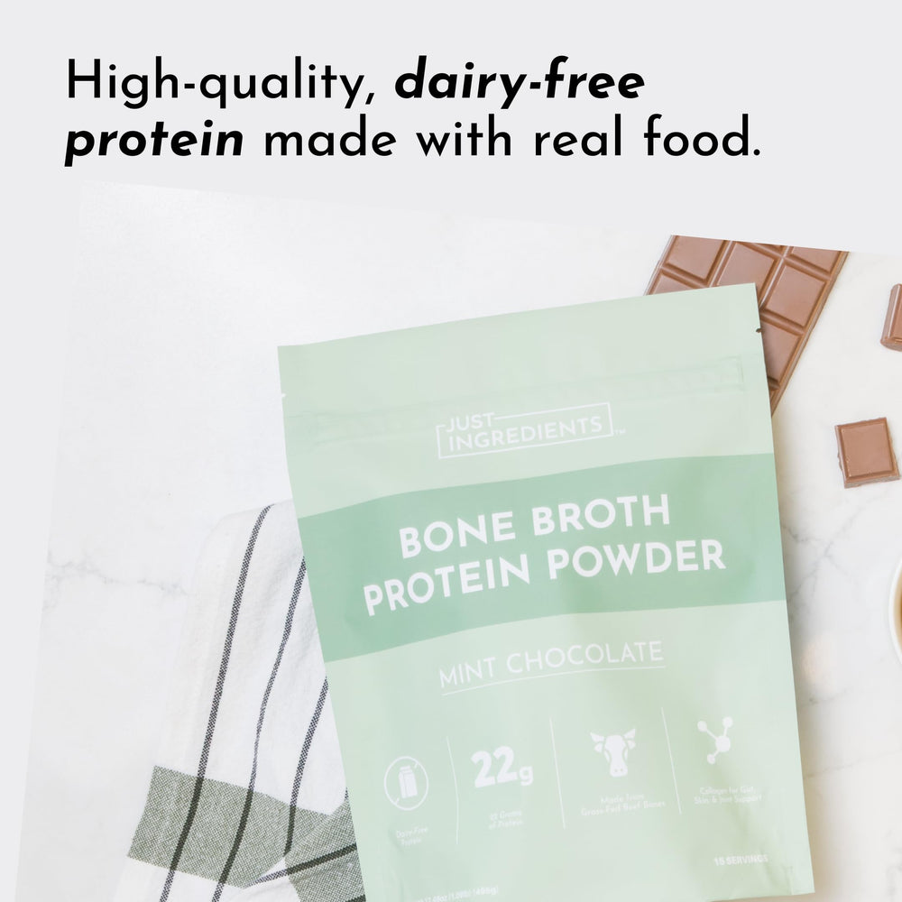 Just Ingredients Mint Chocolate pour into glass illustrates dairy-free energy boost