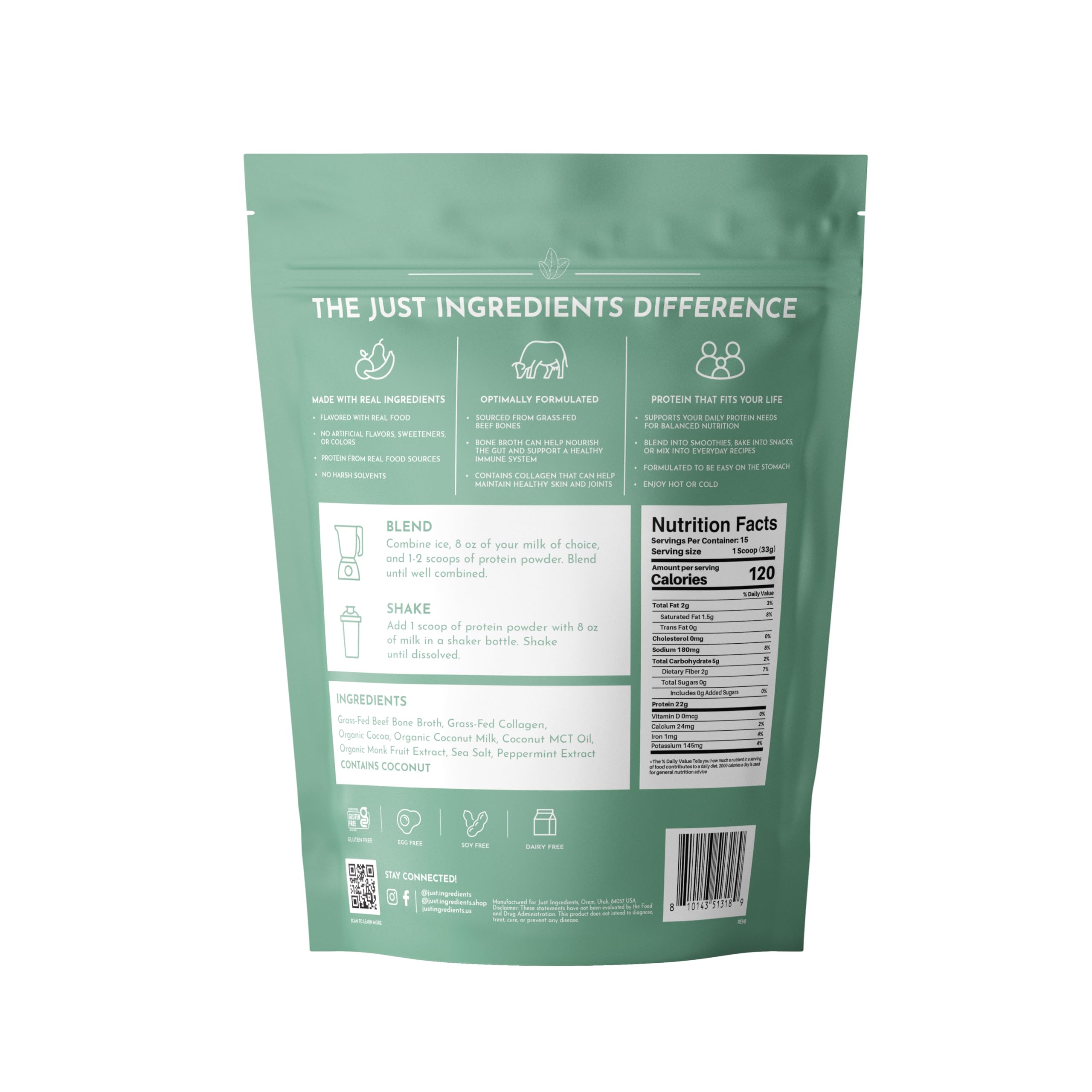 Just Ingredients Mint Chocolate scoop emphasizes convenient 21g protein per serving