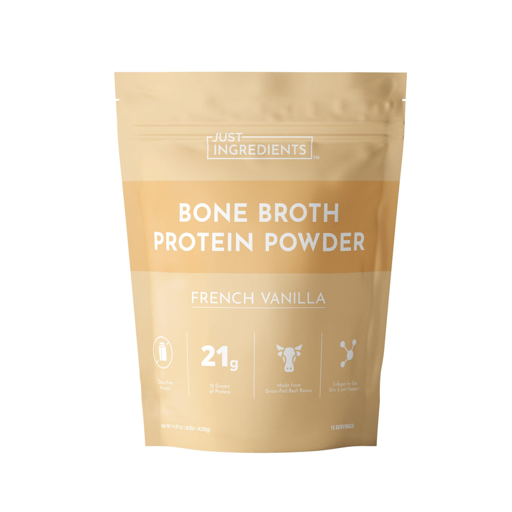 Just Ingredients bone broth protein powder bottle with vanilla flavor for daily protein.
