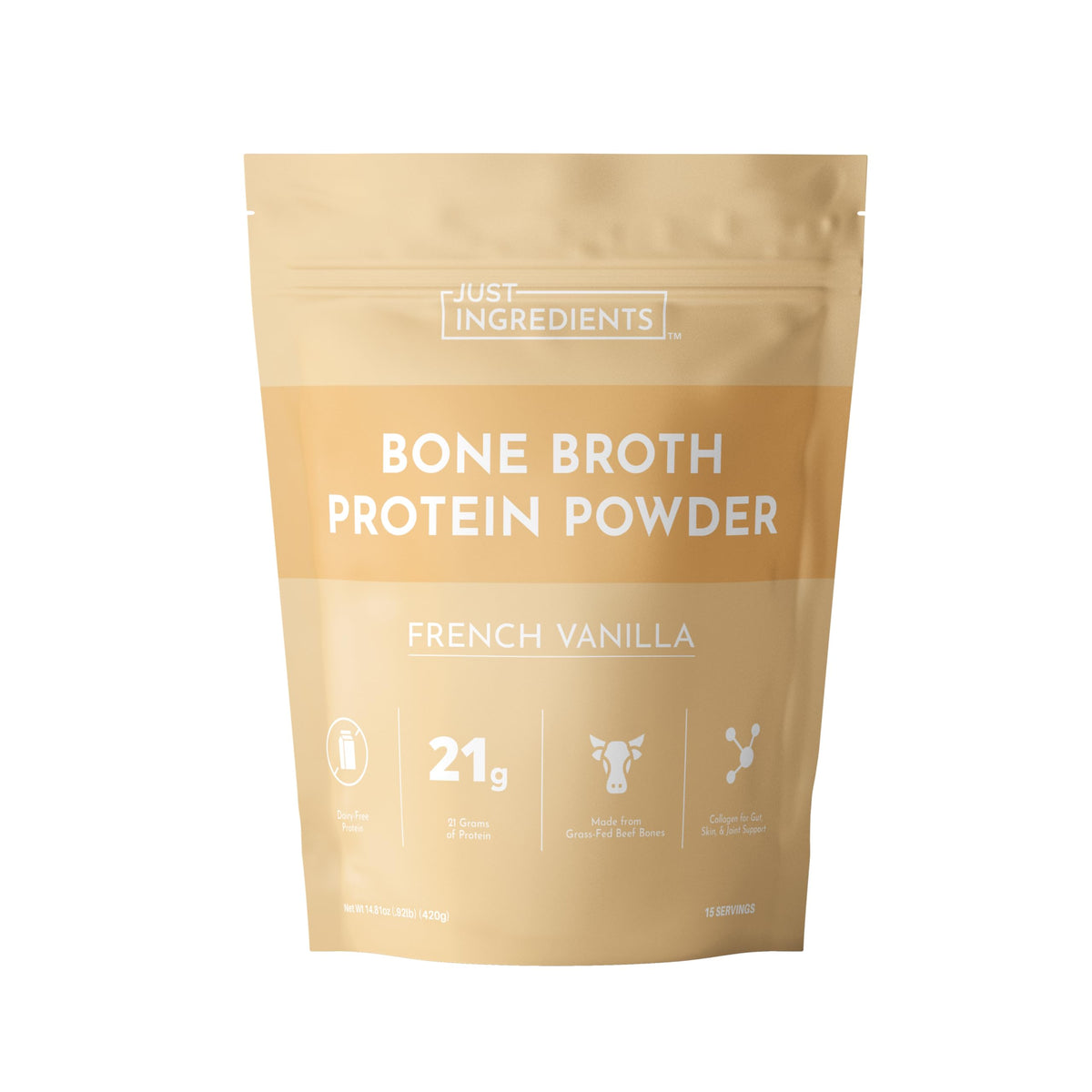 Just Ingredients bone broth protein powder bottle with vanilla flavor for daily protein.