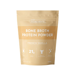 Just Ingredients bone broth protein powder bottle with vanilla flavor for daily protein.