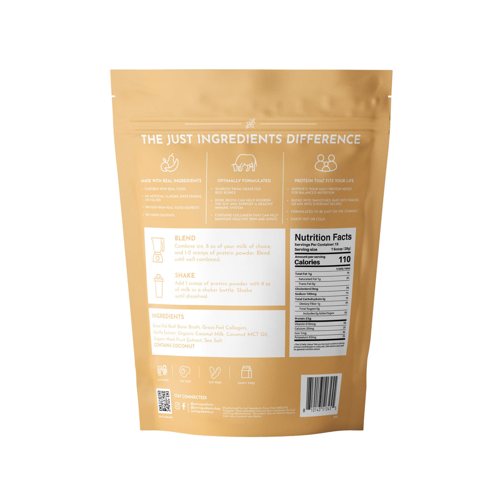 Just Ingredients vanilla powder scoop illustrating quick protein addition to shakes.