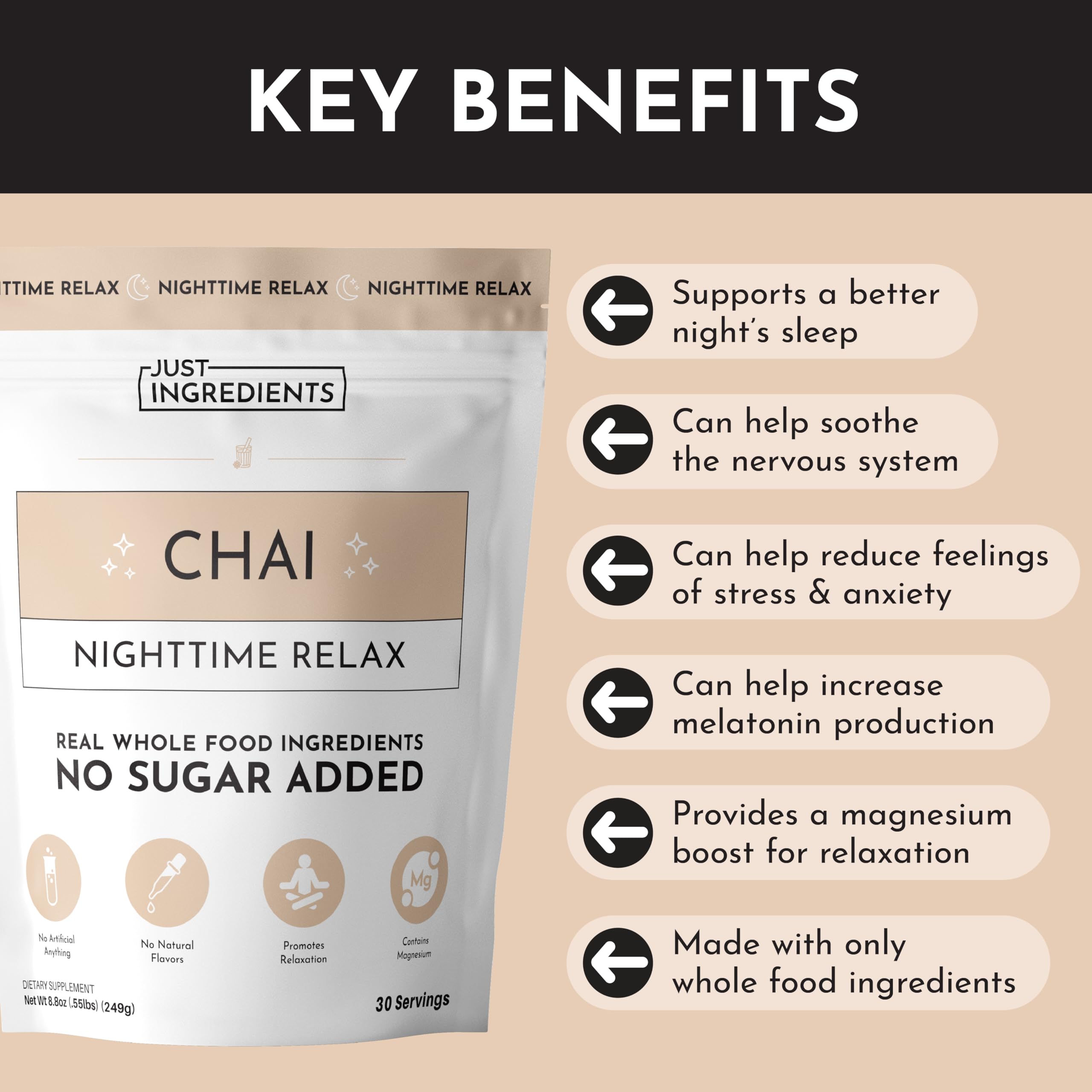 Just Ingredients Chai Nighttime Relax label highlighting no sugar added and natural ingredients.