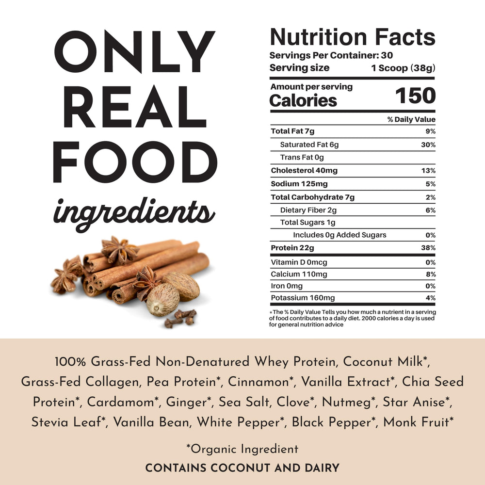 Packaging badge on JUST INGREDIENTS Chai Protein Powder highlighting third-party testing