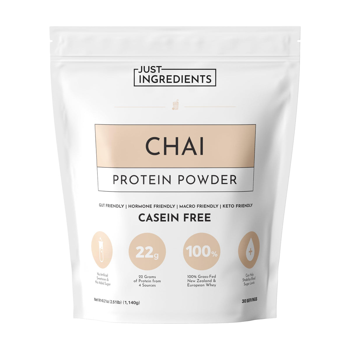 JUST INGREDIENTS Chai Protein Powder tub front showing grass-fed whey blend for muscle support