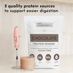 Just Ingredients chocolate protein powder bag opened showing rich cocoa promise