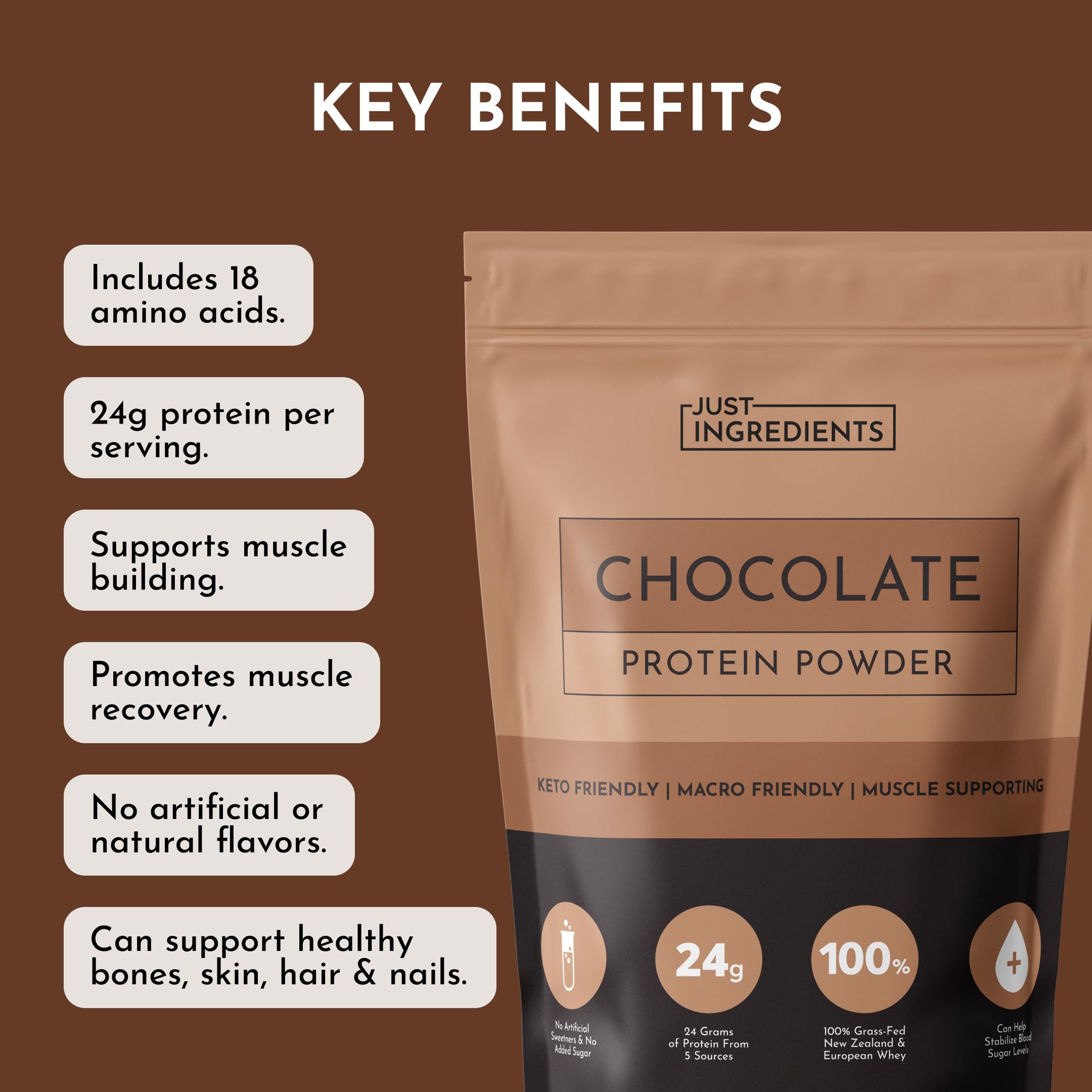 JUST INGREDIENTS Chocolate Protein Powder cocoa swirl illustrating mixable flavor