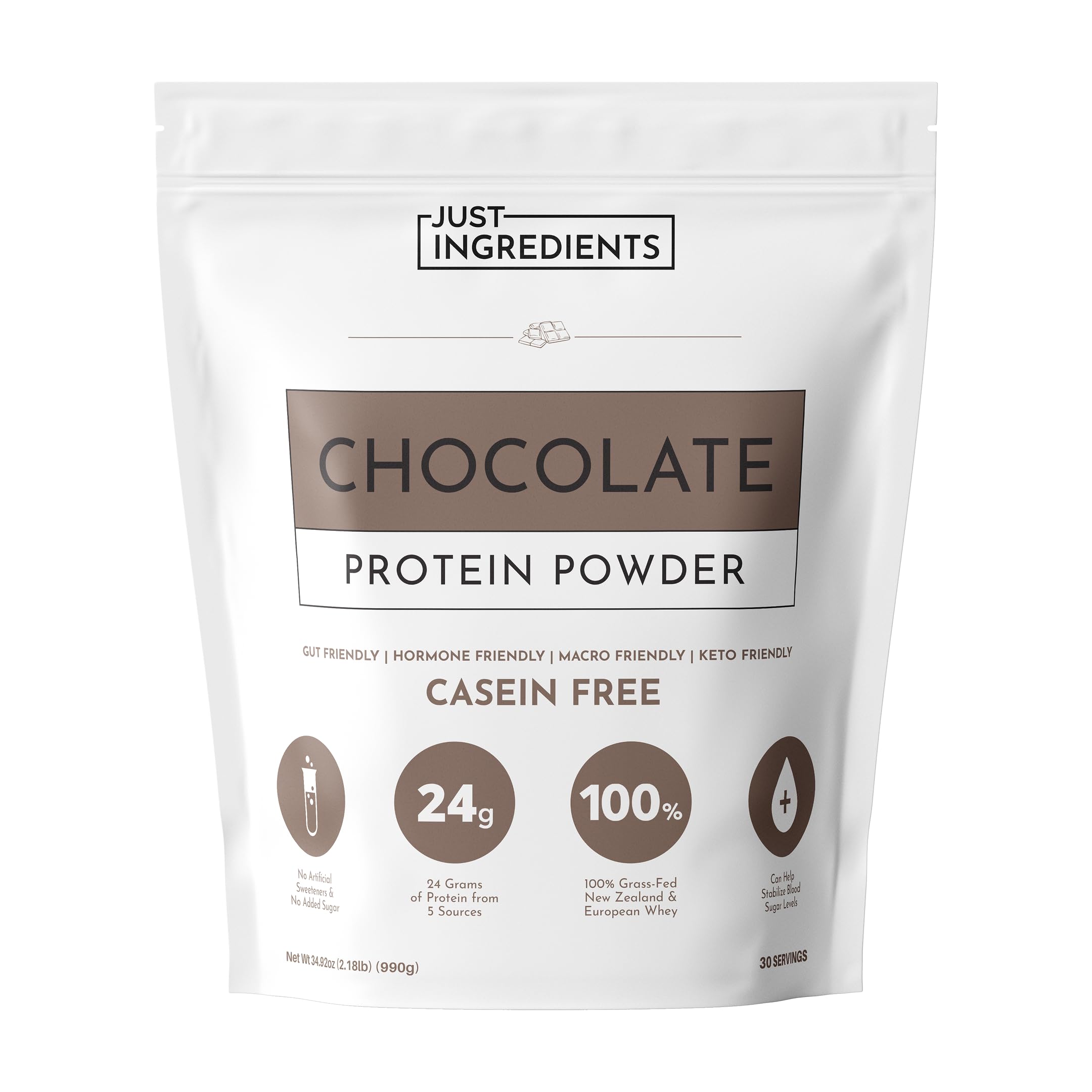 Just Ingredients chocolate protein powder jar showcasing premium blend for muscle recovery
