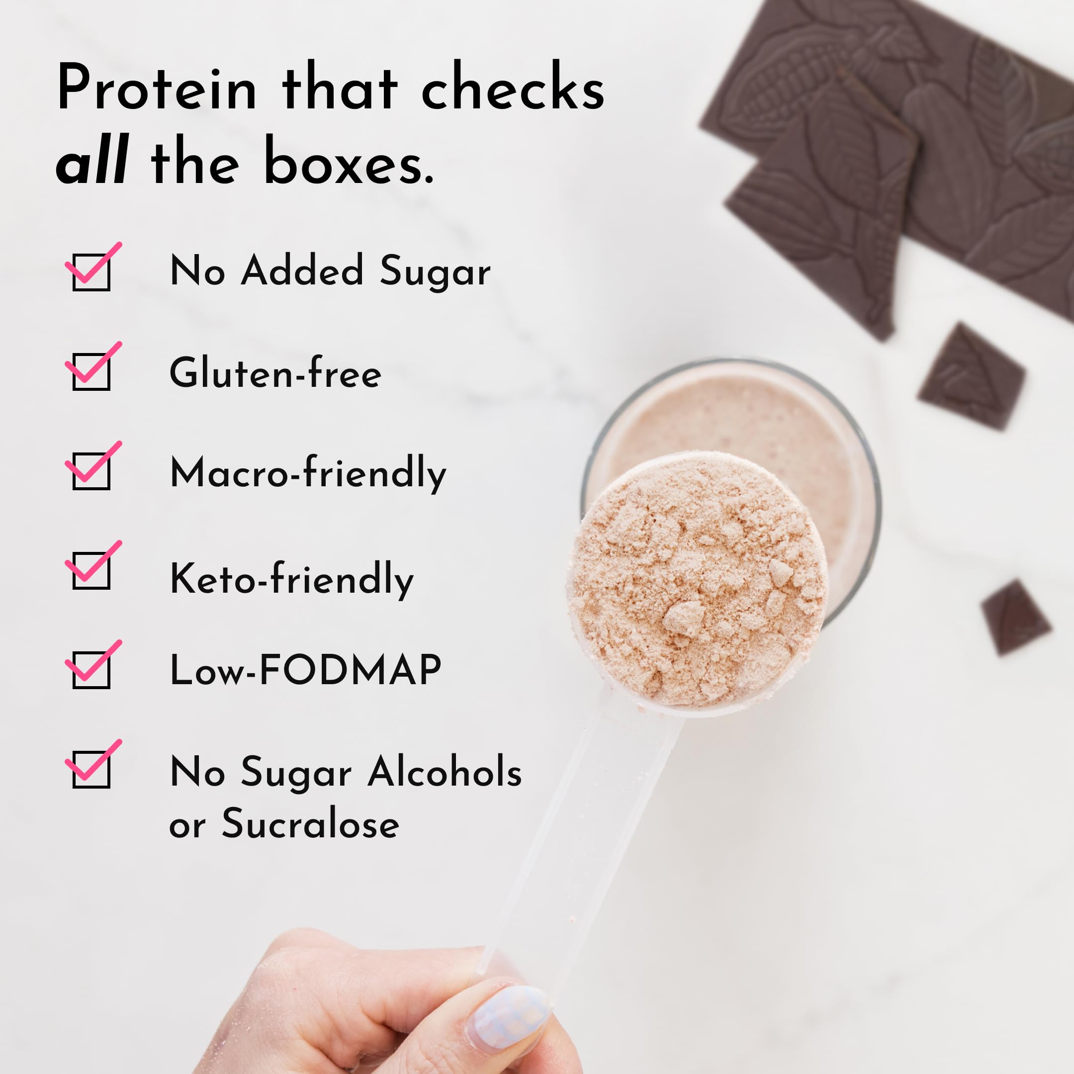 JUST INGREDIENTS Chocolate Protein Powder label details showing gluten-free and soy-free formula