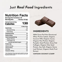 Just Ingredients chocolate protein powder scoop resting on jar for easy serving