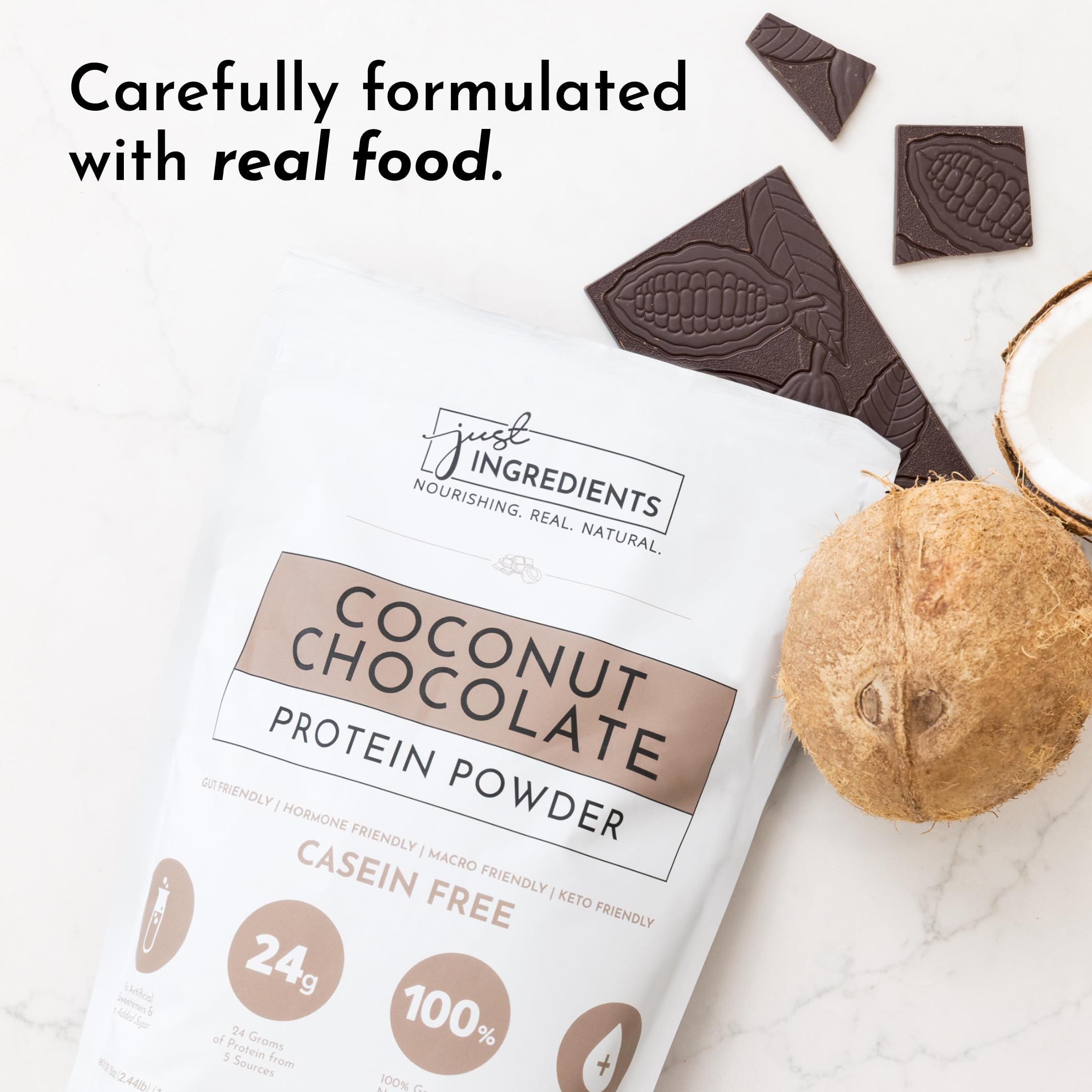 Just Ingredients Coconut Chocolate Protein Powder stirred into oatmeal for lasting fullness.