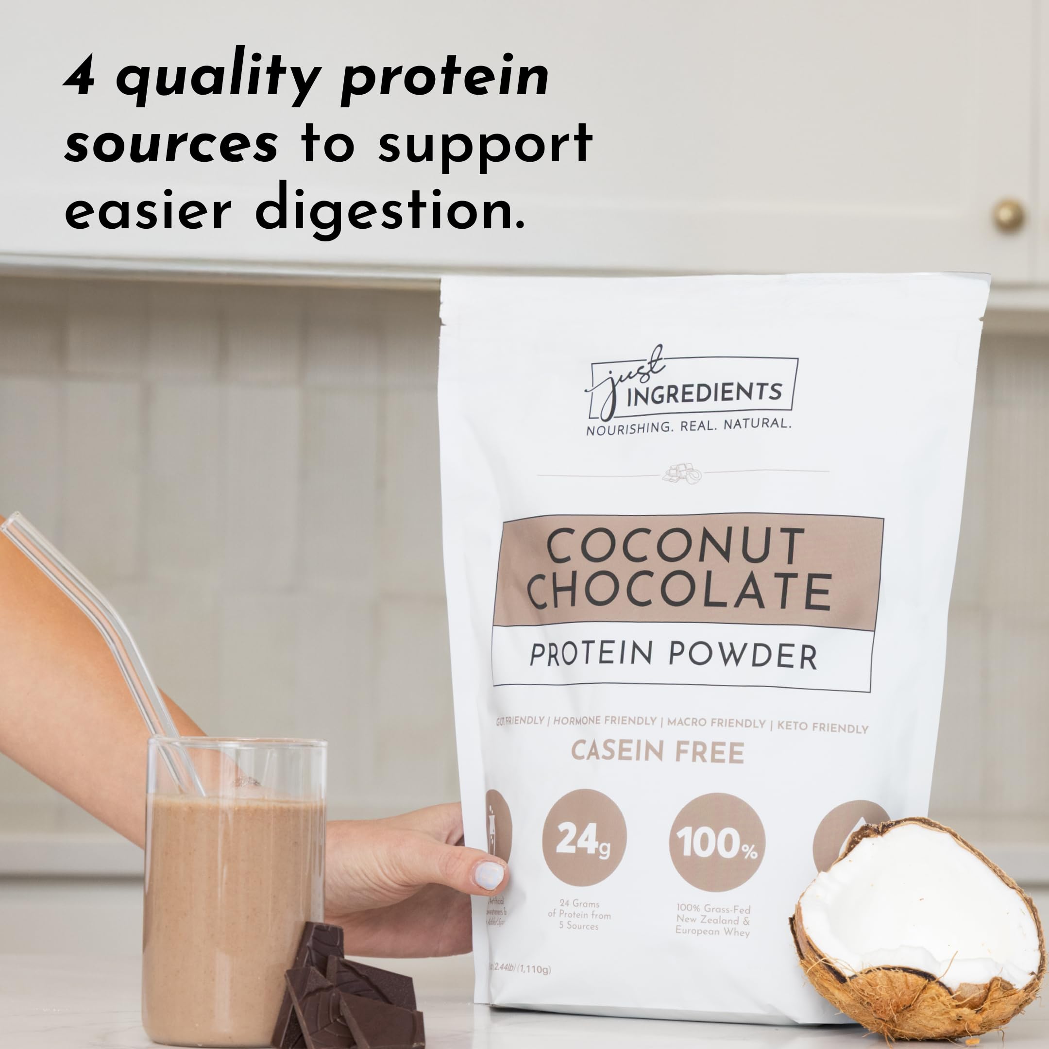 Just Ingredients protein powder being poured into a blender for smooth shakes.