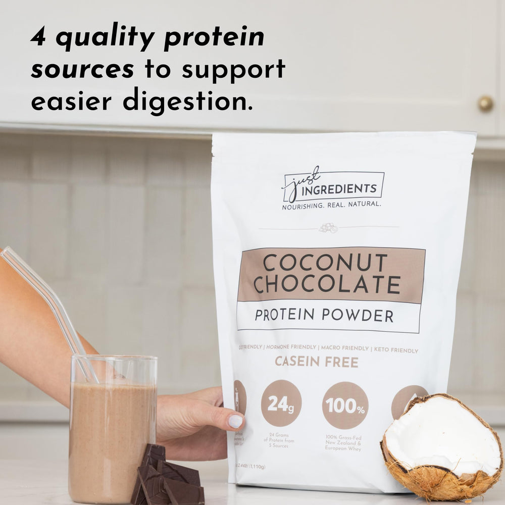 Just Ingredients protein powder being poured into a blender for smooth shakes.