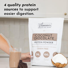 Just Ingredients protein powder being poured into a blender for smooth shakes.