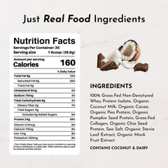 Just Ingredients Coconut Chocolate Protein Shake in glass with creamy texture for post-workout energy.