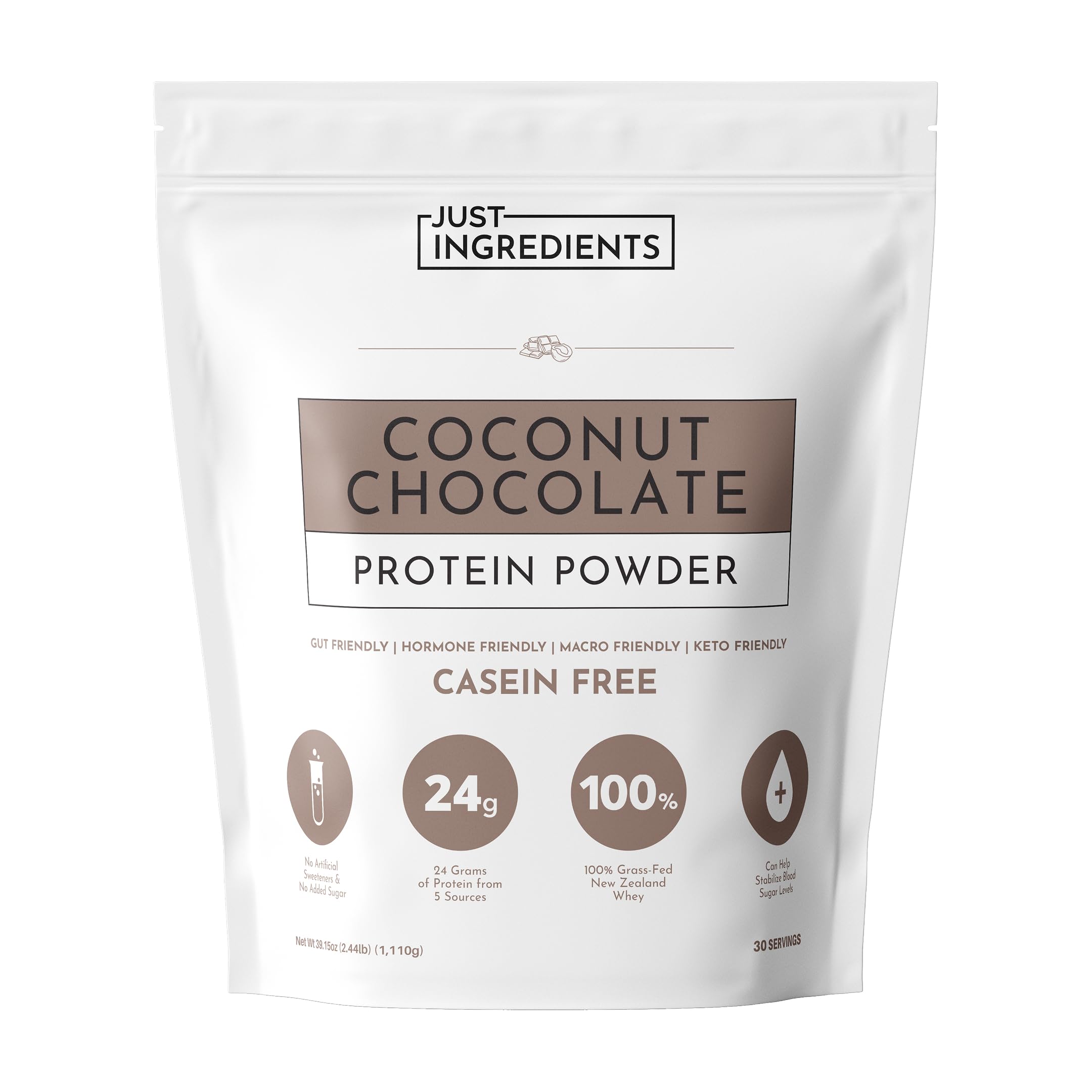 JUST INGREDIENTS Coconut Chocolate Protein Powder tub—premium protein blend for daily recovery.