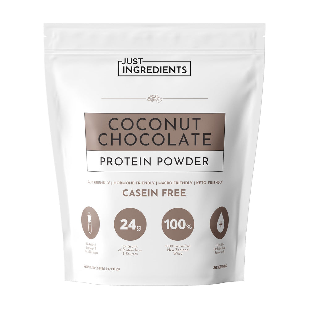 JUST INGREDIENTS Coconut Chocolate Protein Powder tub—premium protein blend for daily recovery.